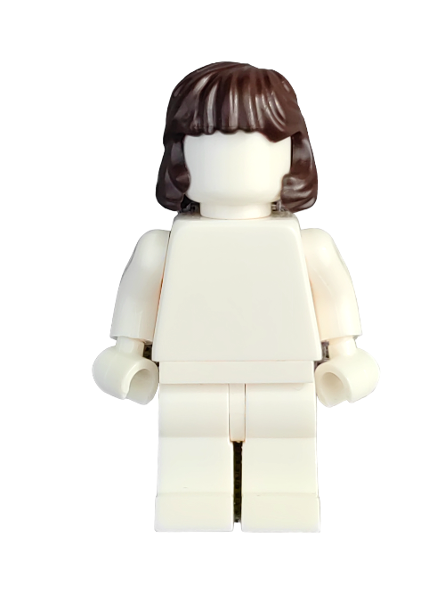 A LEGO 6420630 Minifigure features medium-length brown hair combed back behind the ears, paired with a white outfit. The figure is set against a plain white background with no facial features but includes realistic styling for a unique design element.
