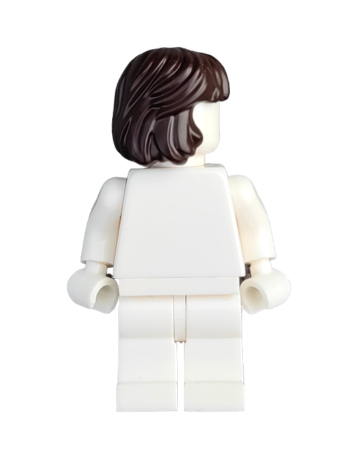 A LEGO minifigure features a realistic brown wig (LEGO 6420630) styled with medium-length hair combed back. It wears an all-white outfit, including white pants and top, with visible hands on each side, against a plain white background enhancing its sleek design.