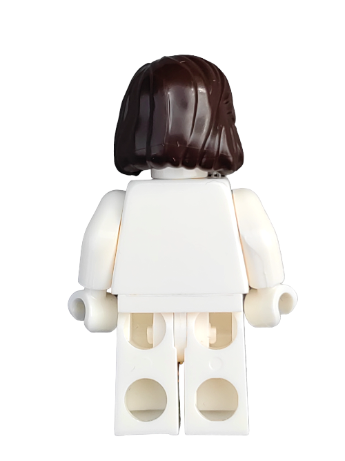 A rear view of a white LEGO minifigure wearing the LEGO 6420630 Wig, Brown Hair Medium Length Combed Back Behind the Ears - UB1237, stands against a plain white background.