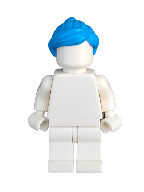 The LEGO 6194444 features a white minifigure set against a plain background, showcasing vibrant blue hair styled in a ponytail and side-swept fringe; its blank face and body invite creativity and imaginative play.