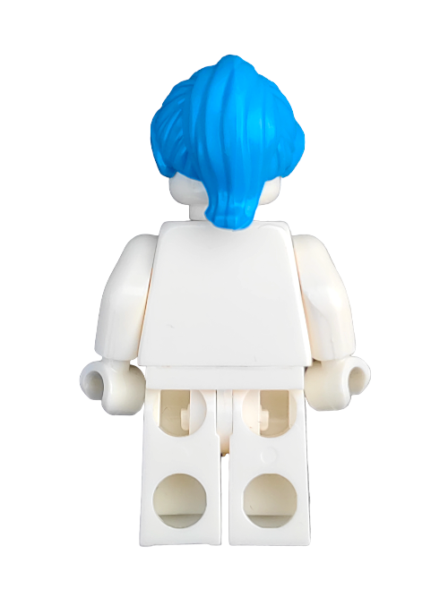 The LEGO 6194444 minifigure, featuring a blue hair ponytail with fringe swept to the side and wearing a plain white outfit, is photographed from behind, sparking imaginative play.