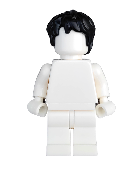A LEGO minifigure features the 6233922 Black Wig with thick, messy hair on a plain background, poised for building adventures. The figure is white and lacks facial features or clothing details.