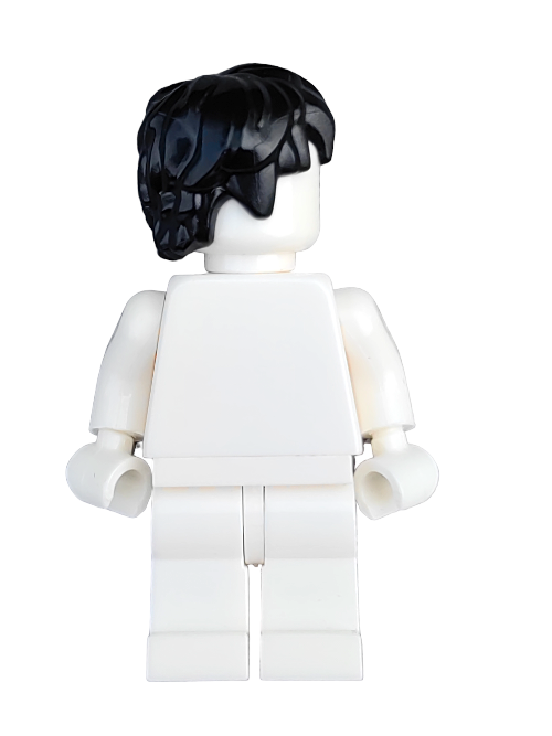 A LEGO minifigure with a white body and no facial features is seen from the back, donning a LEGO 6233922 Wig styled in thick and messy black hair. The plain white background highlights endless building adventures.