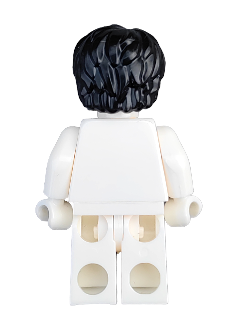 The LEGO 6233922 Wig features thick, messy black hair on a white Minifigure wearing a plain outfit, perfect for building adventures.
