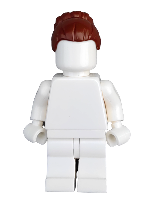 A LEGO-style female minifigure is dressed in white, featuring brown hair with a large bun (LEGO 6420631 Wig) while standing forward with arms at its sides.