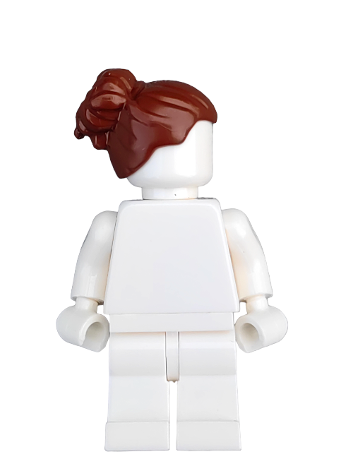 This LEGO minifigure highlights the LEGO 6420631 Wig, featuring brown hair in a high back bun, paired with a simple white outfit. It’s positioned to emphasize the detailed elaborate design of the Minifigure Wig from behind.