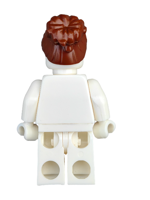 Back view of a Lego minifigure, featuring the detailed LEGO 6420631 Wig, Brown Hair with Large Bun High to the Back - UB1248, with a white torso and legs. Arms at its sides and legs together, this tiny character stands on a pristine white background.