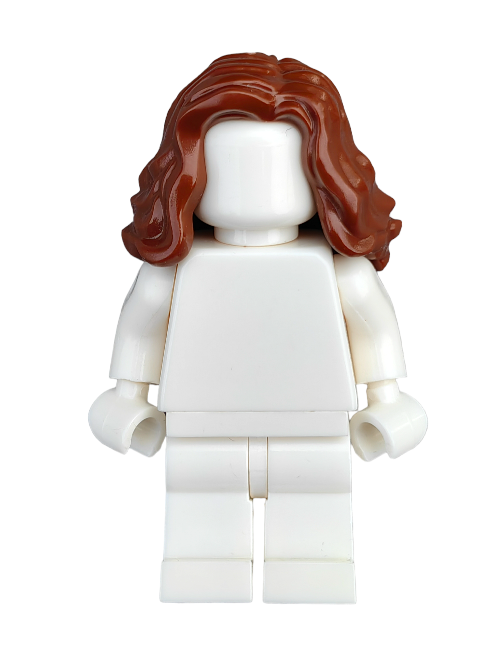 A LEGO minifigure using the LEGO 6266075 Wig, with medium-length wavy brown hair, is dressed in an all-white outfit and stands against a plain white background. The minifigure has no facial features or accessories.