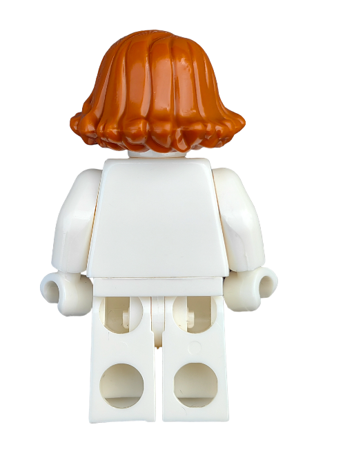 The LEGO 6115306 features a ginger-haired mini-figure wig with short, sideways swept hair, complementing the detachable arms and legs of classic building block characters. This toy figure, viewed from behind, wears a white outfit.