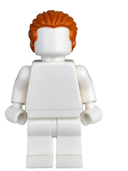 A LEGO 6290250 minifigure features a Ginger Hair Straight Cut with Low Ponytail, standing on a neutral background in a plain white outfit. Its blank expressionless face invites imaginative play.