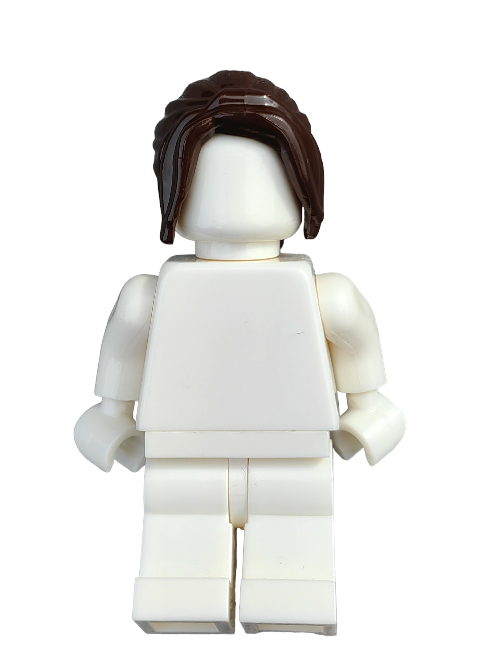 A LEGO minifigure wears the LEGO 4527065 Wig, Brown Hair Female Long Ponytail with Sides - UB1230, standing featureless and faceless, arms slightly extended as a prime example of minifigure accessories.
