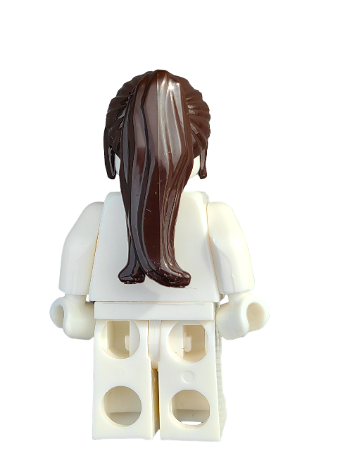 A white plastic toy figure viewed from behind features the LEGO 4527065 Wig, Brown Hair Female Long Ponytail with Sides - UB1230. The articulated arms and legs resemble a building block character, making it ideal for your Minifigure accessory collection against a plain white background.