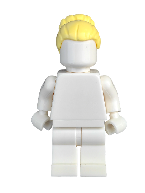 A white, faceless LEGO figure stands upright, featuring the yellow LEGO 6182408 Wig with a large bun. Crafted from high-quality materials, its minimalist design emphasizes basic block arms, legs, and body while the hairpiece adds character.