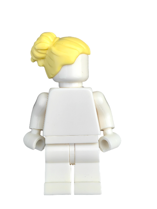 The LEGO 6182408 minifigure, crafted from high-quality plastic, features a smooth, featureless white surface. It stands facing away with articulated arms and legs, showcasing a bright yellow hairstyle styled in a large bun high to the back (UB1234).