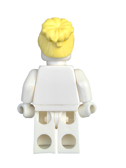 The LEGO 6182408 minifigure wig, with distinctive yellow hair styled in a large bun at the back, is set against a seamless white background. The figure features a plain white torso and legs, lacking facial features or accessories.