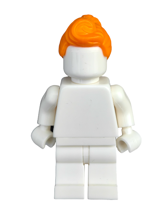 A white toy figurine with the LEGO 6406452 Wig (Orange Hair Ponytail and Fringe) resembles a LEGO minifigure, set against a white background. It features no facial details and stands in a neutral pose.
