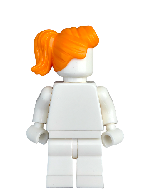 The LEGO 6406452 wig, featuring an orange ponytail and fringe, is displayed on a white minifigure. The figure boasts blocky shapes and articulated joints, set against a plain white backdrop.