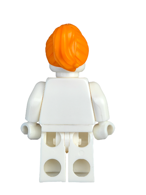 A back view of LEGO minifigure with a white body and legs, sporting the LEGO 6406452 orange ponytail wig, stands against a plain white background.