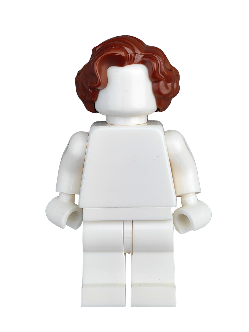 A LEGO minifigure features a white torso and a blank face, topped with the 6194410 brown hair wig—UB1242, medium and wavy with a classic side parting.