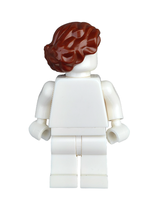 On a pristine white background, the LEGO 6194410 minifigure showcases its brown, medium wavy hair with a stylish side parting and is dressed in a plain white outfit from the back view.
