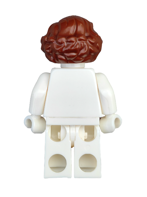 The LEGO minifigure wears a 6194410 wig with medium, wavy brown hair and a side parting. Its plain white body and legs have no additional features or accessories, viewed from the back.