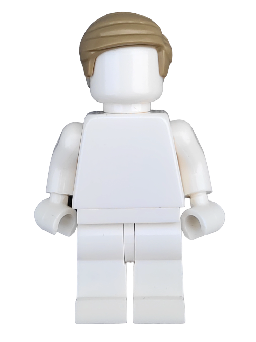 A high-quality Lego minifigure with LEGO 6162275s brown hair styled short and combed to the side, dressed in a plain white outfit, stands against a white background showcasing its charm.