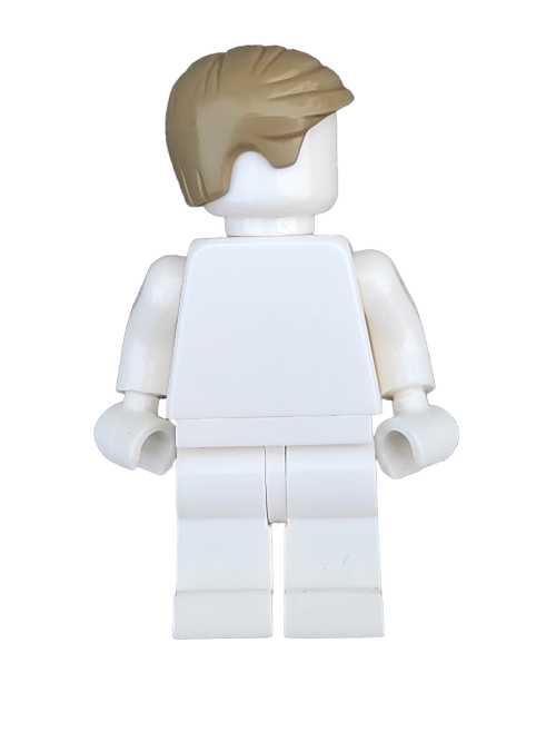 This mini figure features a LEGO 6162275 Wig, showcasing short, light brown hair combed to the side. It stands in a white outfit with arms slightly bent against a pristine white backdrop.