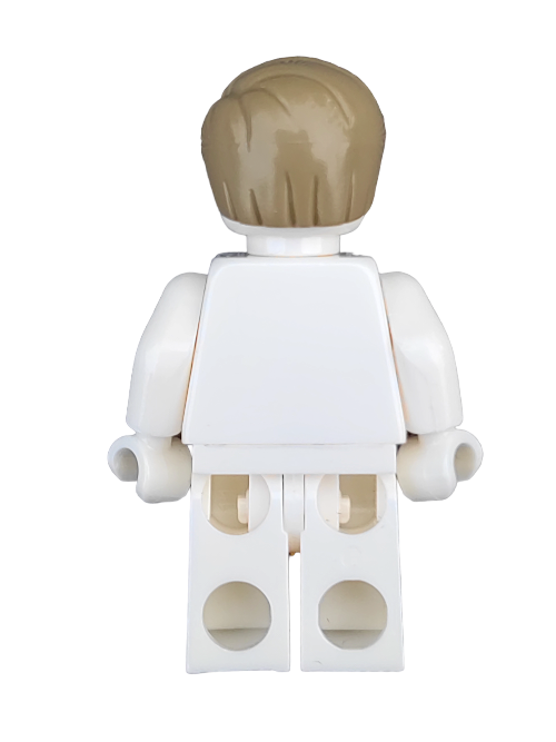 A rear view of a high-quality Lego minifigure with short brown hair in a LEGO 6162275 Wig, Brown Hair Short Combed to the Side - UB1246, wearing a plain white outfit.
