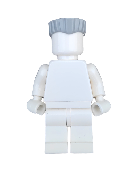 The LEGO minifigure features a grey flat-top wig (Product: LEGO 6411598) on a white, faceless figure with no painted clothing, set against a plain white background.