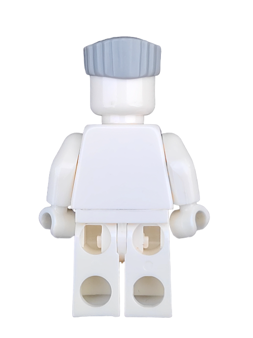 A LEGO minifigure with a plain white body and no facial features, viewed from behind, wears a light gray flat top hat called the LEGO 6411598 Wig, Grey Hair Flat Top - UB1249.