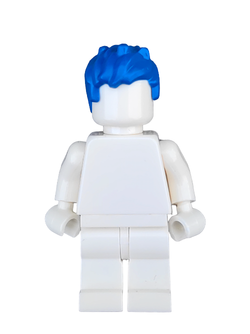 The LEGO minifigure showcases a plain white body with a vibrant contrast of the LEGO 6358191 Wig, featuring short and messy bright blue hair against a white background.