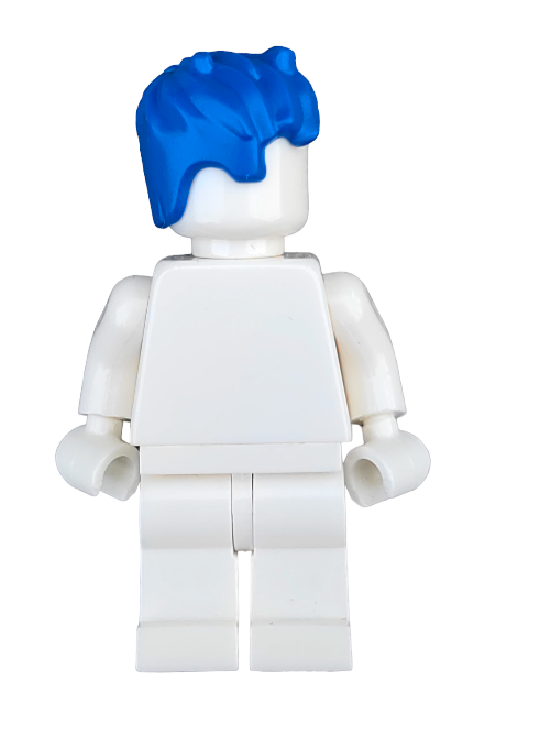The LEGO 6358191 white minifigure, lacking facial or clothing details, features the vibrant UB1220 blue hair short and messy wig against a plain white background, enhancing its otherwise featureless appearance.