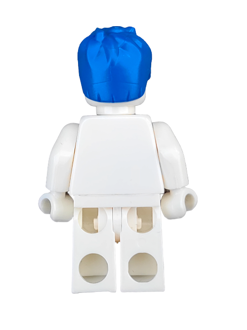 A rear view of a white LEGO minifigure wearing the chic LEGO 6358191 Wig, Blue Hair Short and Messy - UB1220. The figures arms and legs are straight down, set against a plain white backdrop.