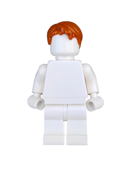 A Lego Minifigure with a plain white body and the LEGO 4529755 Wig, Ginger Hair Short Messy Look, against a white backdrop, inspiring creative play.