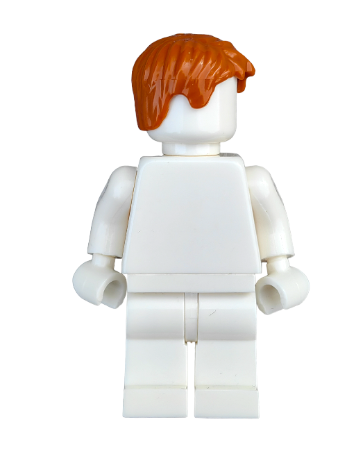A white Lego figure with ginger hair is viewed from behind against a plain backdrop. The LEGO 4529755 Wig, featuring a ginger short messy look, adds flair to the figure, which lacks facial features or clothing details.