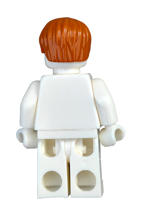 A LEGO minifigure wearing the LEGO 4529755 Wig, Ginger Hair Short Messy Look - UB1224 is seen from behind in a plain white outfit against a clean white background, offering limitless creative play opportunities.