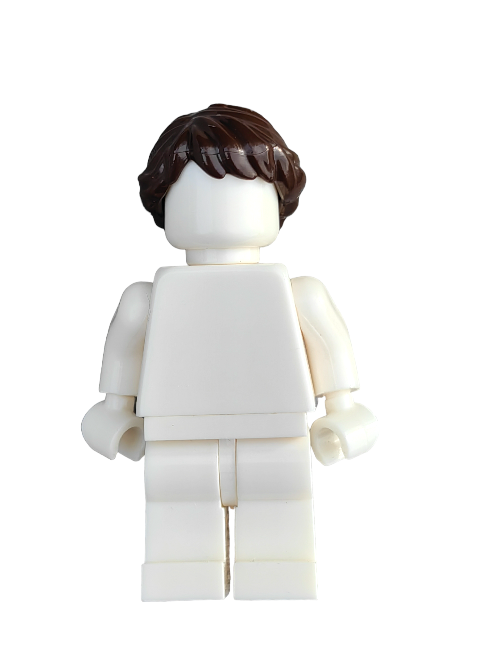 A Lego figurine, with a blank face and dressed in white, features the LEGO 4581313 Wig styled in dark brown ponytail French braids standing against a plain white background.