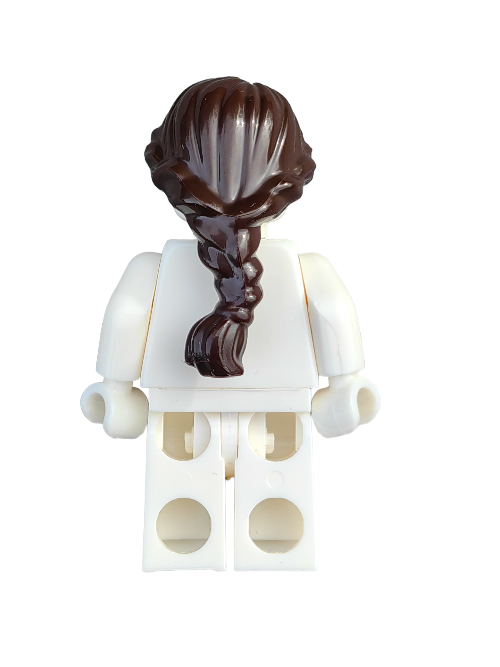 A LEGO minifigure styled with the LEGO 4581313 Wig, Dark Brown Hair Long Ponytail French Braids - UB1231, is facing away from the camera. The white minifigure showcases its intricately detailed back.