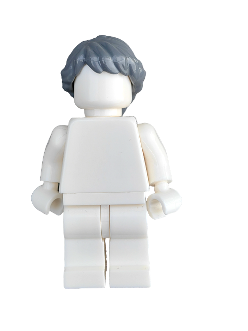 A white LEGO minifigure with the LEGO Wig, Grey Hair Ponytail Long French Braids (UB1235) stands against a white backdrop. With no facial traits or clothing details, it highlights the potential for endless customization.