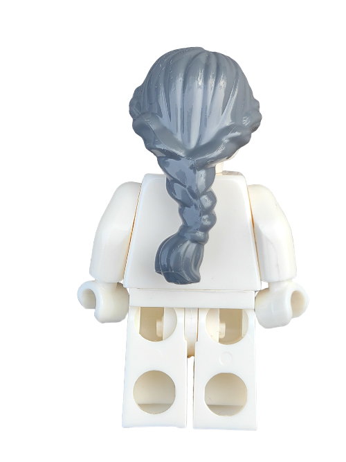 A LEGO minifigure with a white body and arms showcases its custom gray, long-braided hairpiece, LEGO Wig, Grey Hair Ponytail Long French Braids - UB1235, while standing slightly posed against a white backdrop.