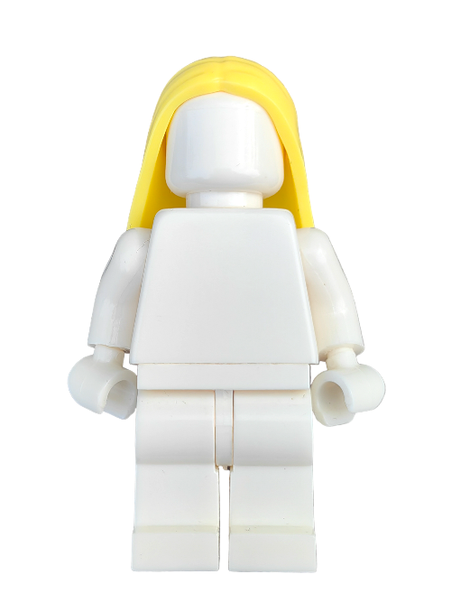 A white minifigure stands upright, adorned with the LEGO 6346546 Wig, Yellow Hair Long and Straight, Center Parting - UB1239. It features a blank face and plain white body against a seamless white background.