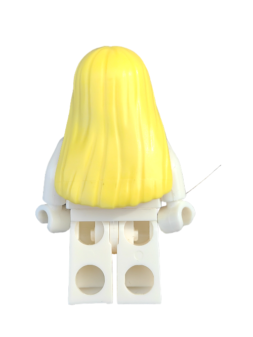 The LEGO 6346546 minifigure displays a vibrant yellow hair accessory (Wig, Yellow Hair Long and Straight, Center Parting - UB1239) from the back, with plain white arms, legs, and torso against a pristine white background.