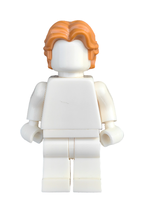 A LEGO figure featuring the ginger medium-length middle parting wig (Product ID: 3653962), paired with a featureless face and an all-white outfit, is part of the exclusive Minifigure Collection.