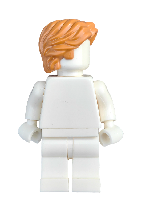 A LEGO minifigure with the Ginger Medium Length Middle Parting Wig (Product 3653962), a white body, and no facial features or print details stands facing left, making it a unique addition to any Minifigure Collection.
