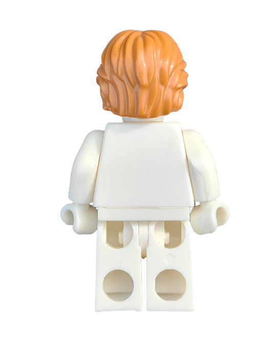 A rear view of a minifigure from the Minifigure Collection highlights its Lego 3653962 wig, featuring ginger medium-length hair with a middle part. The figure is dressed in white and faces away, against a plain white background, showing no facial details.