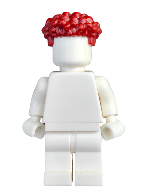 A white LEGO minifigure stands upright, featuring the LEGO 6417271 Wig, a coiled design with straight sides in vibrant burgundy, resembling curly clown hair. The figure lacks facial features or clothing details.