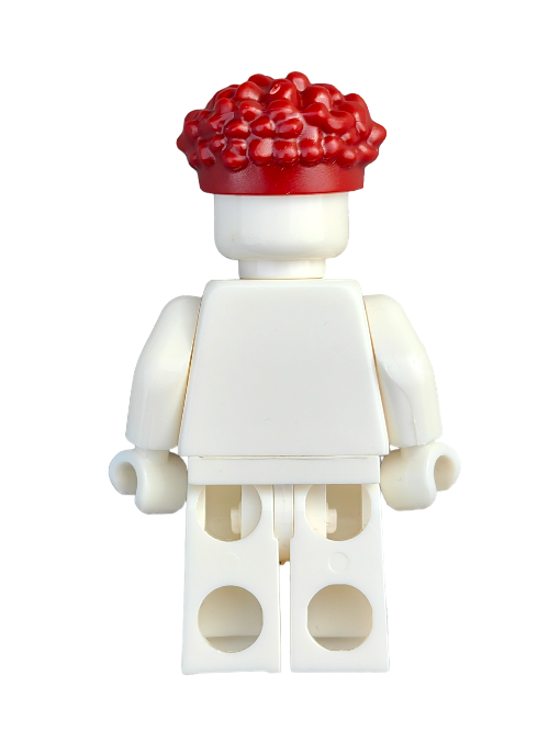 A white LEGO minifigure featuring the LEGO 6417271 Burgundy Coiled Wig with straight sides, viewed from the back against a plain background.