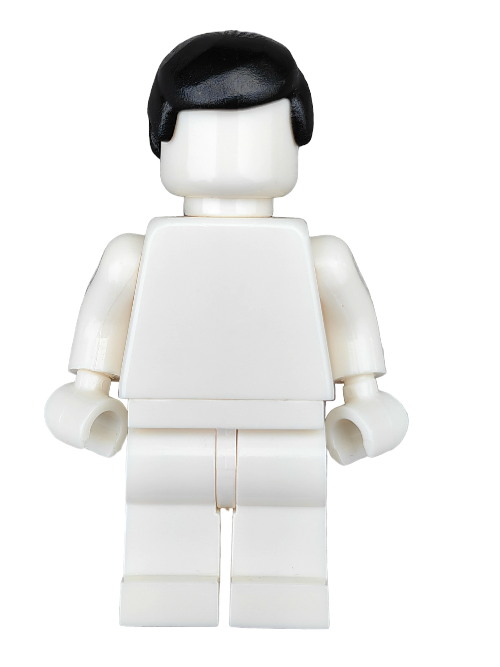 Seen from the back, a LEGO 390126 Wig, Black Hair Smooth - UB1321 adorns an all-white minifigure with no facial features or clothing. With arms at its sides against a plain white background, the minimalist figure emphasizes the sleek style of this striking black hairpiece.