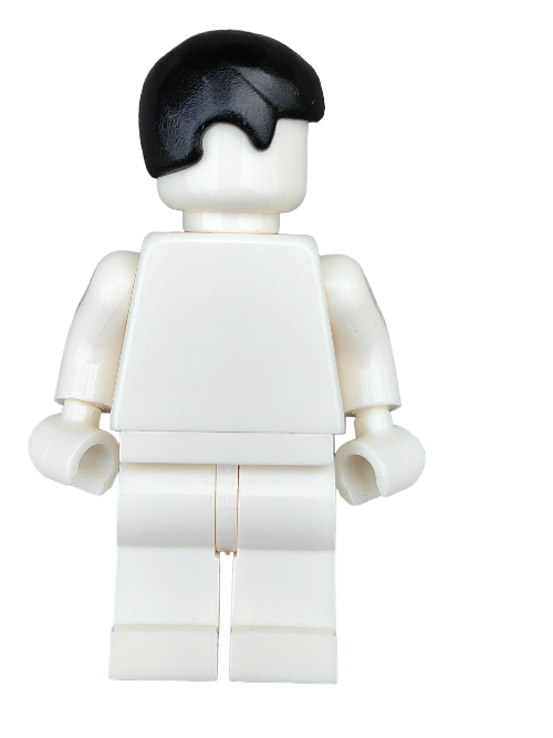 LEGO minifigure featuring product 390126, the Wig Black Hair Smooth - UB1321, with plain white body, arms, and legs facing away on a white background.