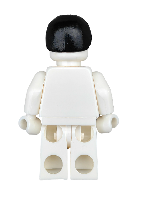 A back view of a LEGO minifigure featuring the LEGO 390126 Wig, Black Hair Smooth - UB1321 and a plain white torso and legs. The figure stands upright against a pristine white background, highlighting its simplistic design.